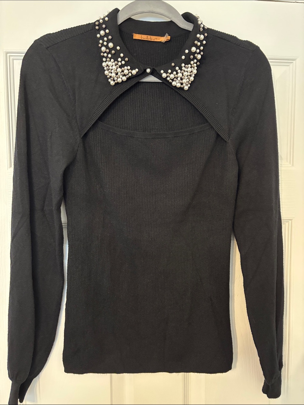 Belldini Black Long Sleeve Top with Pearl-Embellished Collar